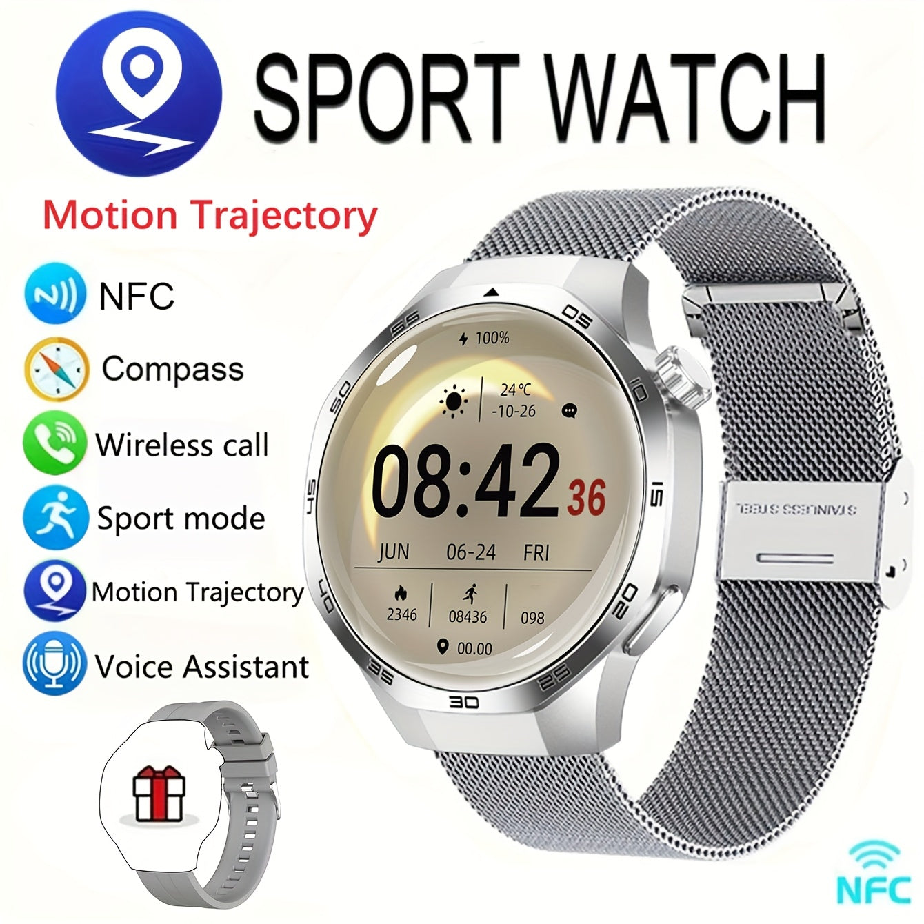 GPS Smartwatch Herren 1.53" HD Display 100+ Sportmodi NFC Bluetooth