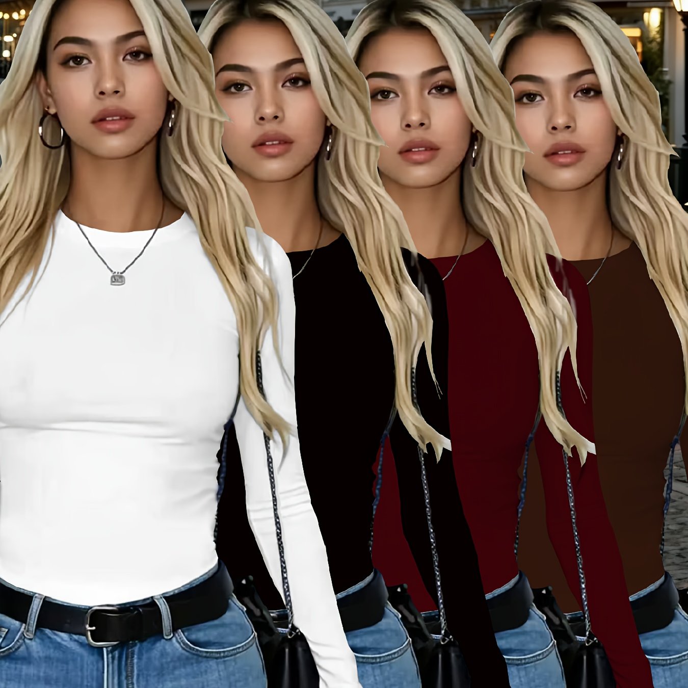 4er-Pack Damen Langarmshirts Rundhals – Stretch Basic-Tops Uni-Farben