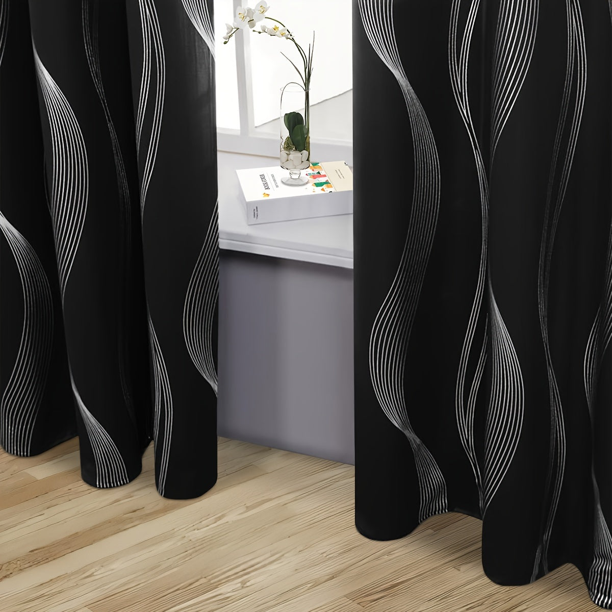 Verdunkelungsvorhänge Schwarz-Weiß Wellenmuster 2er Set - Ösenvorhänge