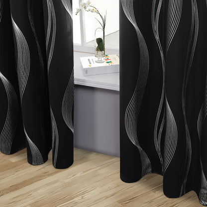 Verdunkelungsvorhänge Schwarz-Weiß Wellenmuster 2er Set - Ösenvorhänge