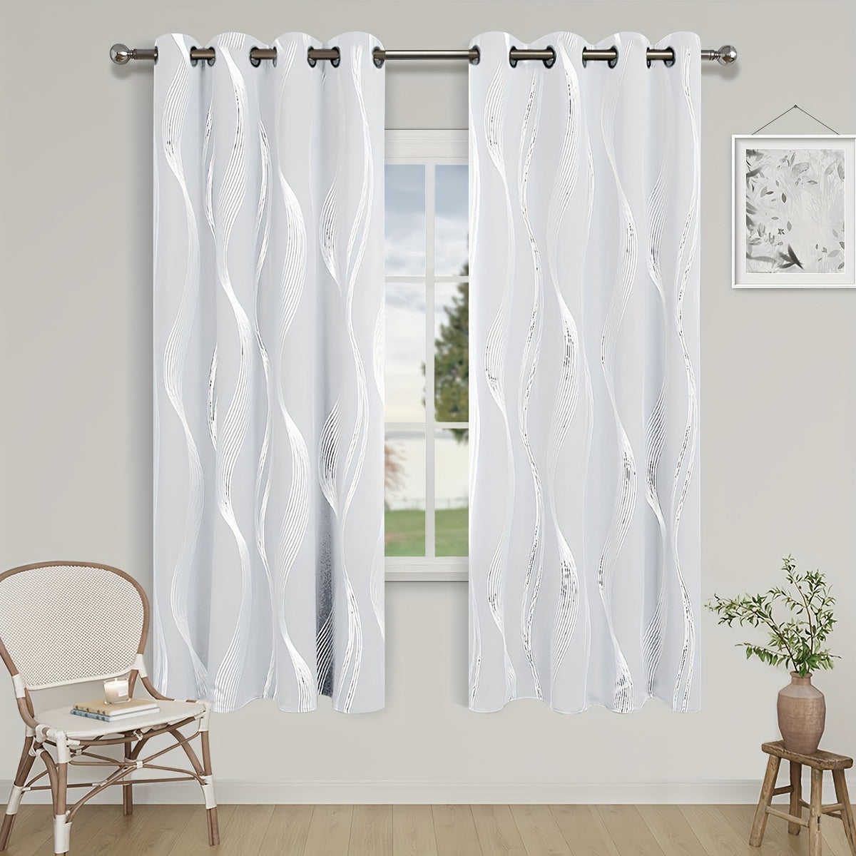 Verdunkelungsvorhänge Schwarz-Weiß Wellenmuster 2er Set - Ösenvorhänge
