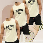 Creamfarbenes herren sleeveless tank top mit atmungsaktivem material und schwarzem new york print