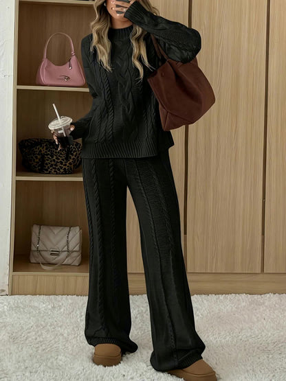 Damen Set: Langarm Crewneck Top & einfarbene Hose – gemütliches Herbst/Winter Outfit in Braun