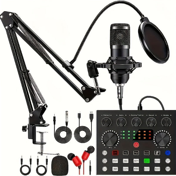 All-in-One Streaming Audio Kit mit BM800 Mikrofon, V8S Mixer & Zubehör – Metallgehäuse, USB, Geräuschunterdrückung, Soundeffekte, Dual-Device, ideal für Podcast & YouTube - FUXLShop