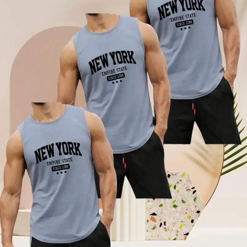 Hellblaues herren tank top mit new york print und atmungsaktivem material ideal für sport und freizeit
