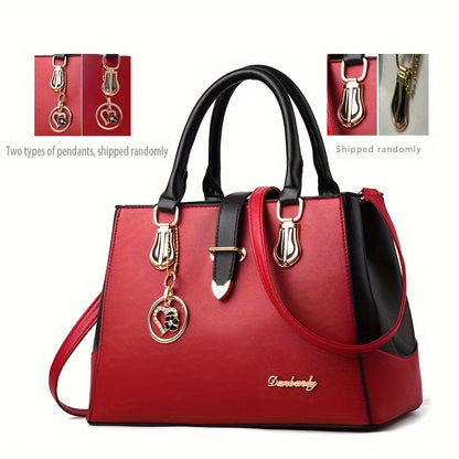 Damen Schultertasche mit Buchstaben-Detail – Elegante Handtasche mit Doppelgriff, große Arbeitstasche, schlichtes Design, für Büro & Alltag, mehrere Farben