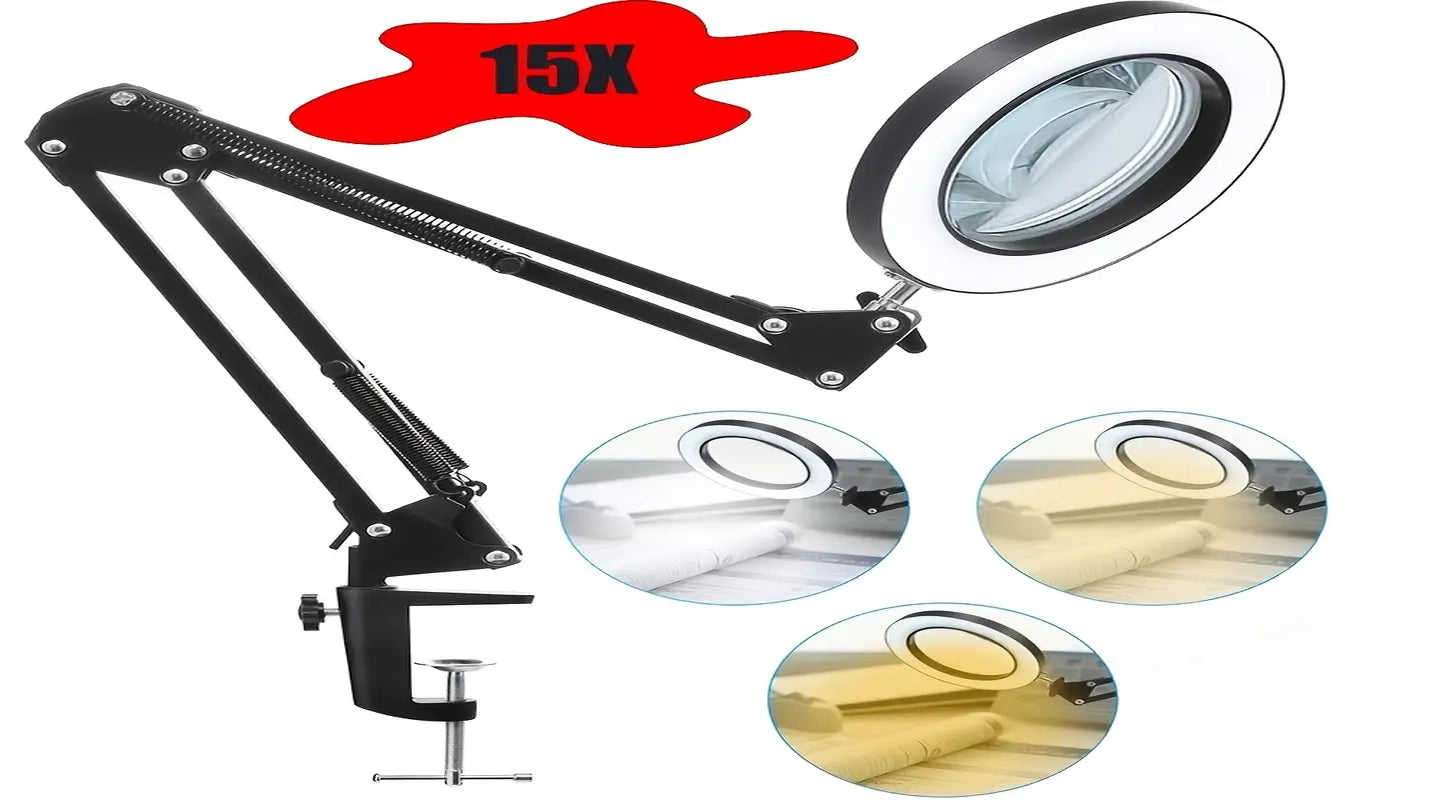 15x Lupenlampe weiß mit USB-Kabel, Tischklemme und 3 Lichtfarben – FUXLShop