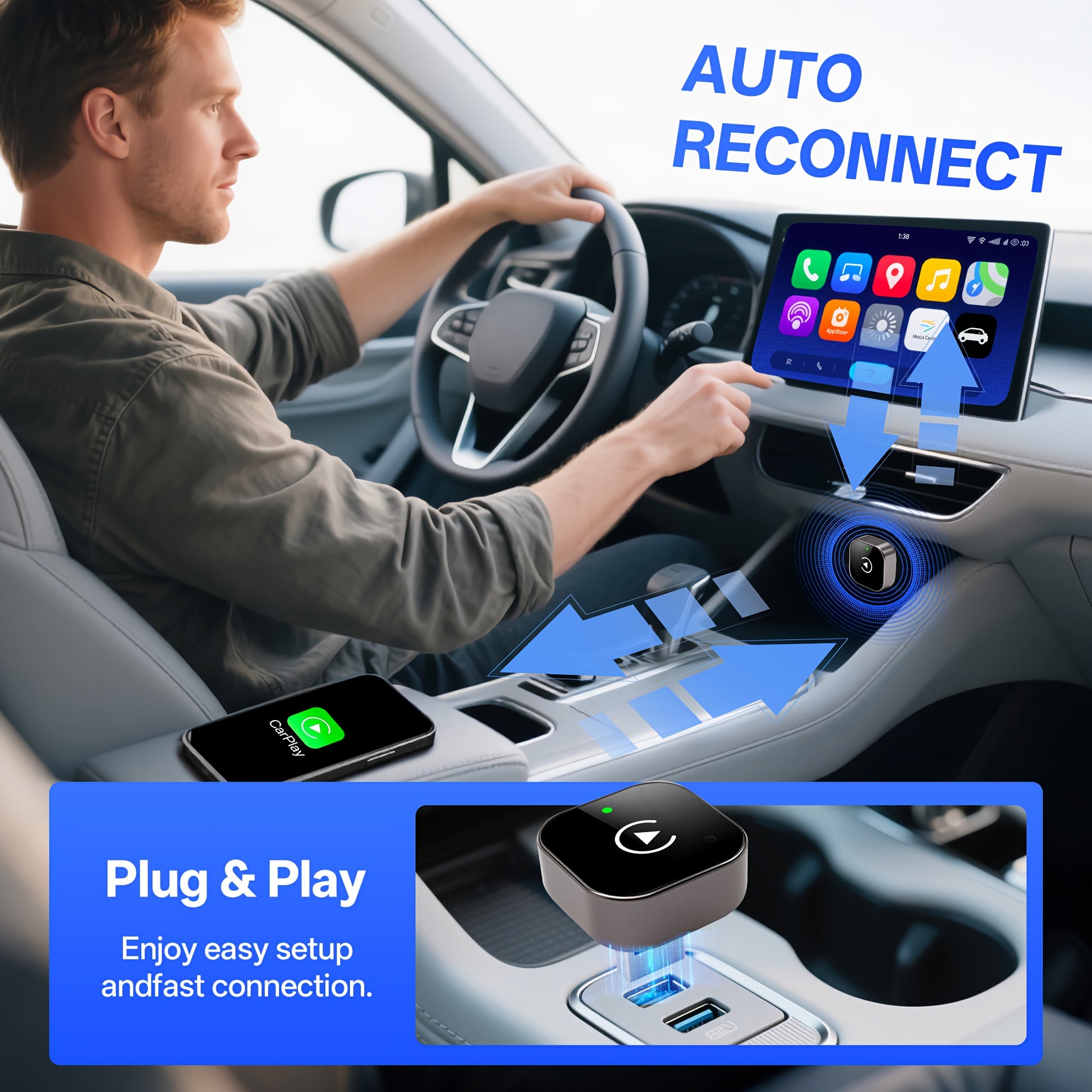 Kabelloser CarPlay & Android Auto Adapter mit USB/USB-C  
Kompakter Plug & Play Auto-Adapter ohne Akku  
2-in-1 Wireless Adapter für iPhone und Android im Fahrzeug  
Auto-Interface mit 0,5 s Latenz und WiFi-Unterstützung
