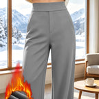 Graue Damenhose mit hohem Bund und Seitentaschen sowie eingeblendetem Stoffdetail