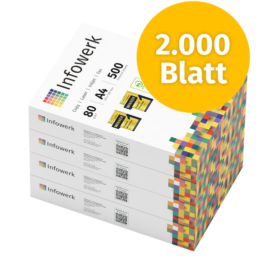 Infowerk Premium-Kopierpapier A4, 2000 Blatt (4×500). 80g, hochweiß, ausgezeichnet als Testsieger. PEFC-zertifiziert, perfekt für alle Drucker, Kopierer und Faxgeräte – für gestochen scharfe Ausdrucke.