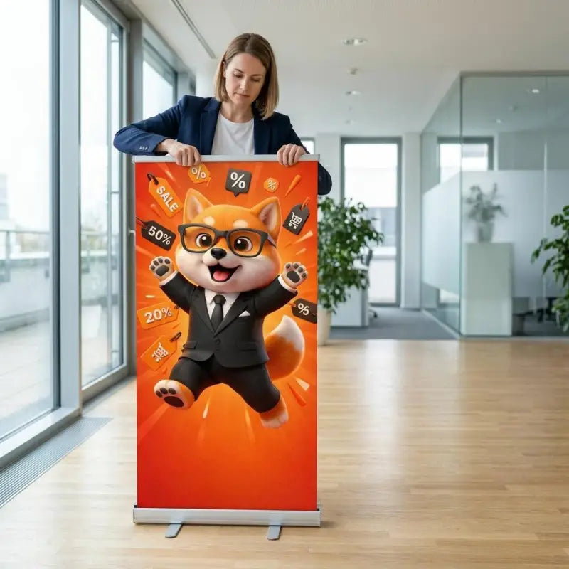 Ein orangefarbener pop-up bannerständer sternenhimmel gold mit einem cartoon shiba inu in anzug und verkaufstags online bestellen