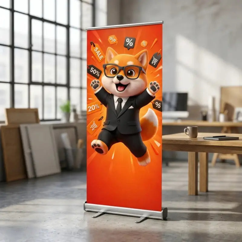Ein lebhafter oranger pop-up bannerständer mit cartoon-shiba inu im schwarzen anzug und sternenhimmel gold online bestellen bei fuxlshop