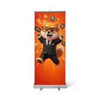 Ein orangefarbener pop-up bannerständer mit cartoon shiba inu in anzug und sternenhimmel gold online bestellen bei FUXLShop