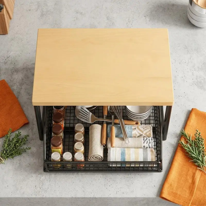 Multifunktionales küchenregal aus lichtem holz mit goldenem eisengestell und drahtkorb für utensilien und gewürze