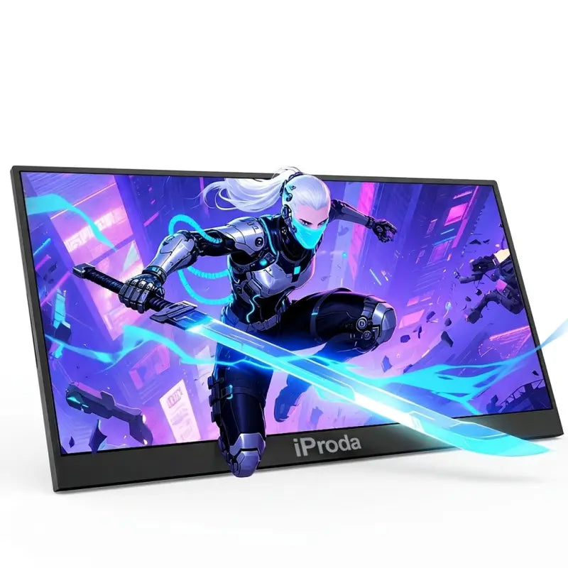 Schwarzer iproda portabler monitor 18,5 zoll mit 1080p fhd ips display zeigt lebendige cyberpunk anime grafik