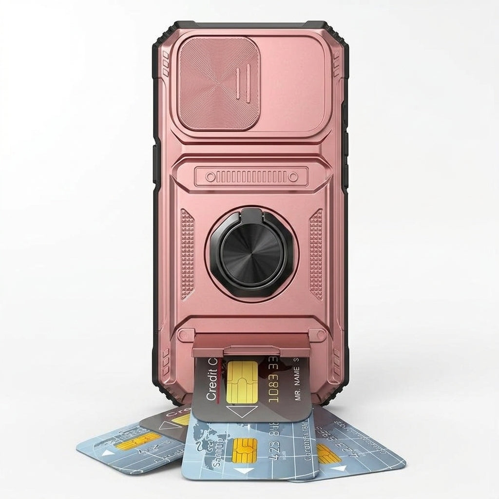 Stoßfeste Handyhülle mit Metallhalter & Dual-Kartenslot – iPhone 11–17 Pro Max & Air