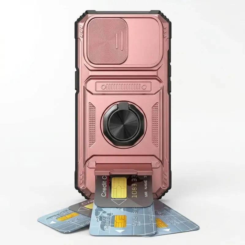 Rose gold stoßfeste handyhülle mit schwarzem metallhalter und dual-kartenslot für iphone 11 bis 17 pro max online bestellen