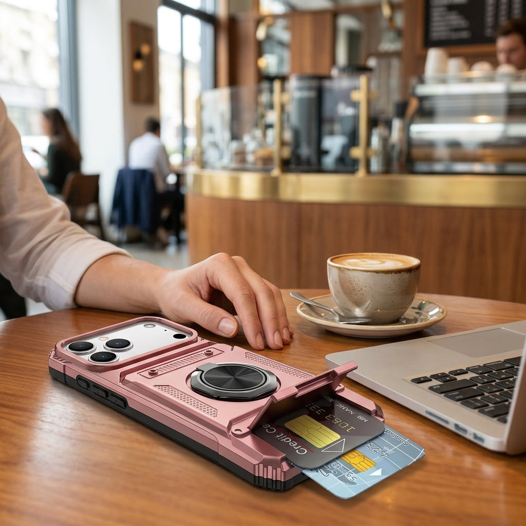 Stoßfeste Handyhülle mit Metallhalter & Dual-Kartenslot – iPhone 11–17 Pro Max & Air