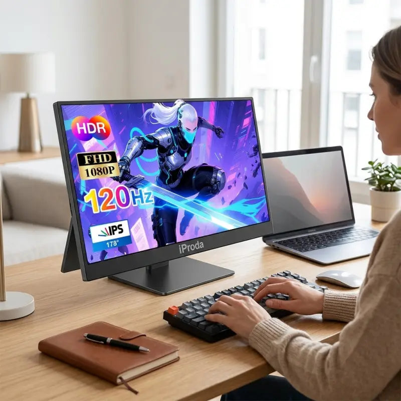 Schwarzer iproda portabler monitor 18,5 zoll mit 1080p fhd ips display, 120hz und usb-c für gaming und multimedia