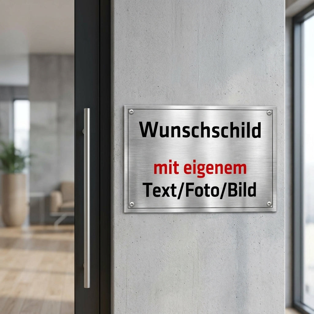 Personalisiertes Firmenschild Edelstahloptik – Aluminium, wetterfest, 6 Größen