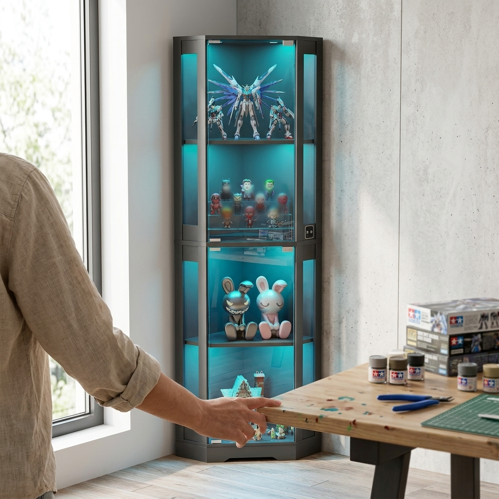 Eckbücherregal mit Glastüren & LED-Beleuchtung – 165 cm Vitrine Schwarz – FUXLShop