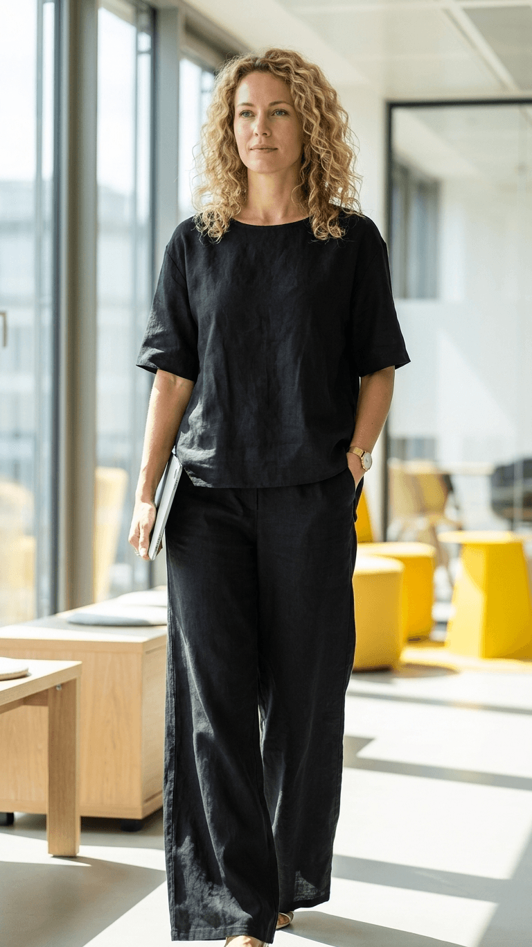 Women's Casual 2-Piece Set – Short-Sleeve Shirt & Wide-Leg Pants, Solid Color