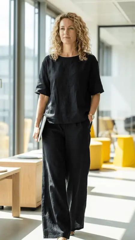 Schwarzes damen casual 2-teiliges set mit kurzem leinen shirt und weiter hose in entspannter passform