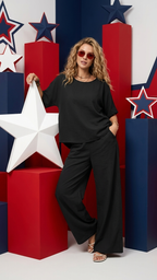 Damen Casual 2-teiliges Set – Kurzarm Shirt & Weite Hose, Einfarbig