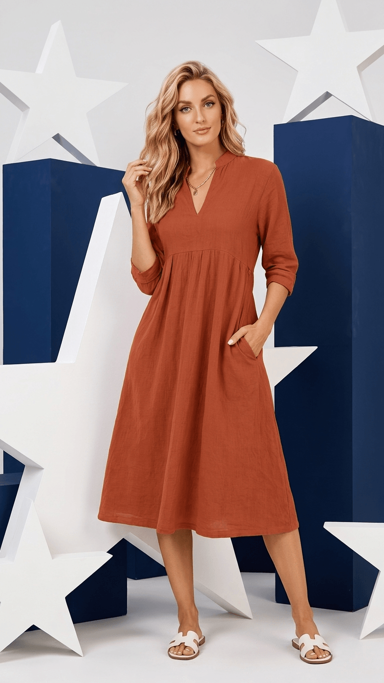 Women's Casual Retro Midi Dress - V-Neck, Three-Quarter Sleeve, Pockets, Solid Color