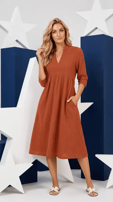 Flussendes rustfarbenes damen casual retro midikleid mit v-ausschnitt und dreiviertelärmeln aus leichtem stoff