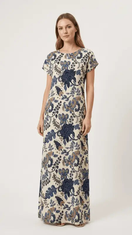 Damen blumenkleid kurzarm maxi sommerkleid in creme mit navy blumenstickerei und lockerem rundhalsausschnitt