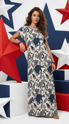 Fließendes off-white damen blumenkleid kurzarm mit navyblauer und beiger blumenstickerei im maxi-sommerstil