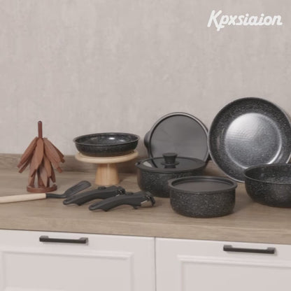Kpxsiaion Keramik Antihaft-Kochgeschirr-Set mit abnehmbaren Griffen, induktionsgeeignet, stapelbar & ofenfest – Schwarz