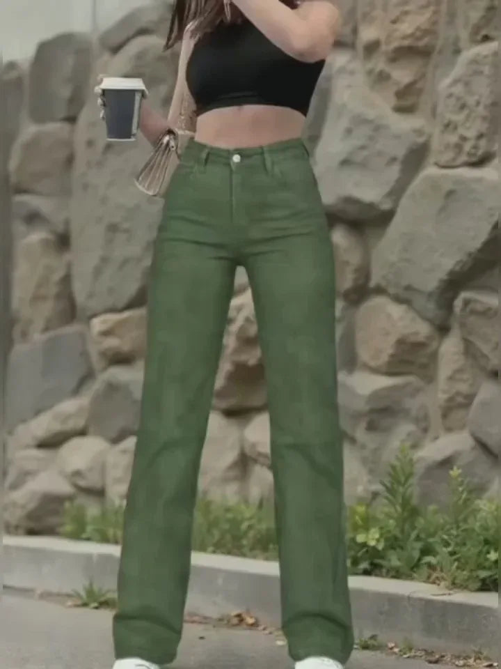 Army Green Stretch-Jeans – Straight Leg, High Waist, Casual Fit - FUXLShop