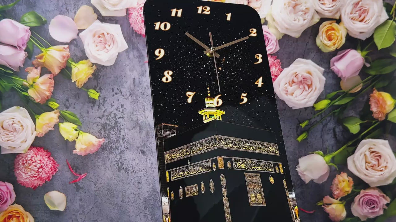 Kaaba-Wanduhr aus Holz mit geräuschlosem Uhrwerk – islamisches Design