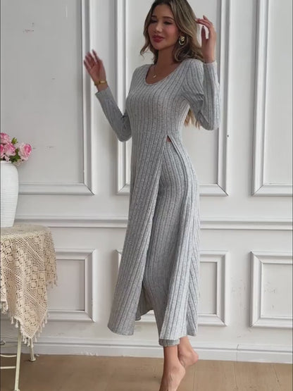 1 Clothes 1 Pants Casual Loose Long Sleeve Dress & Pants Set – Soft Fleece, 3D Stripe Design, hoher Schlitz, Crew Neck, bequem für Alltag & Zuhause