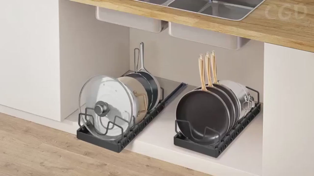 Extendable cookware organizer with 8 compartments – space-saving for pots, pans & lids