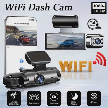 Caméra embarquée 1080p double caméra WiFi – Vision nocturne infrarouge, enregistrement en boucle, grand angle, avant et intérieur