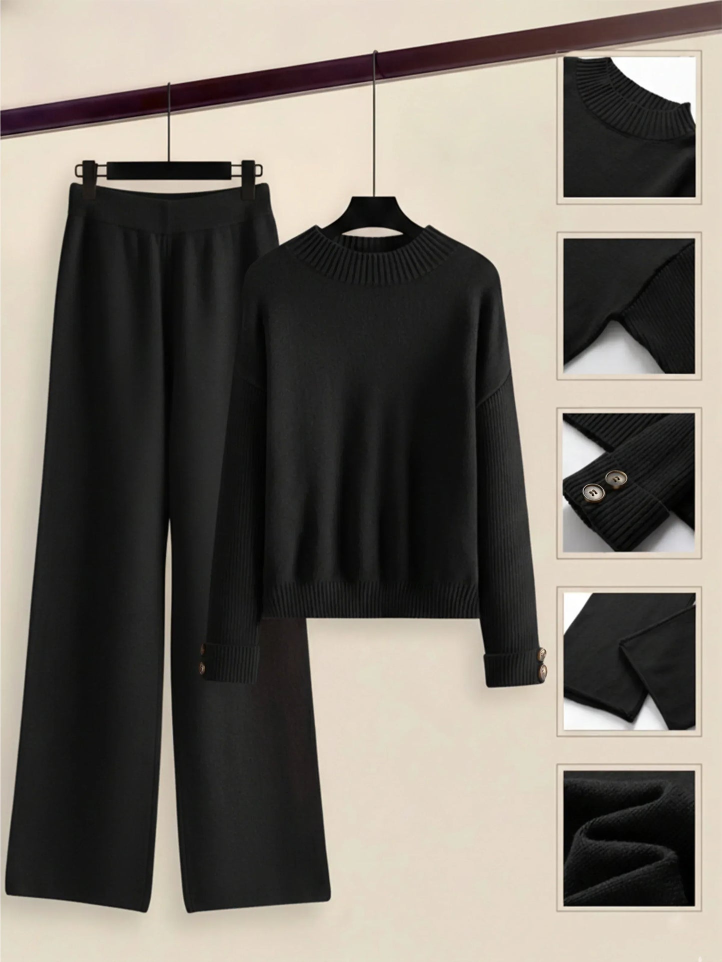Damen Zweiteiler-Set mit Seitenstreifen – Rundhals Pullover & Gerade Hose, Weiche Freizeitkleidung für Herbst & Winter - FUXLShop